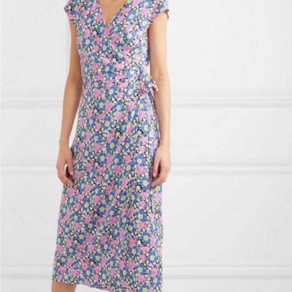 J.Crew PETITE MIDI WRAP DRESS IN SOFT RAYON PINK-AND-BLUE FLOWERS